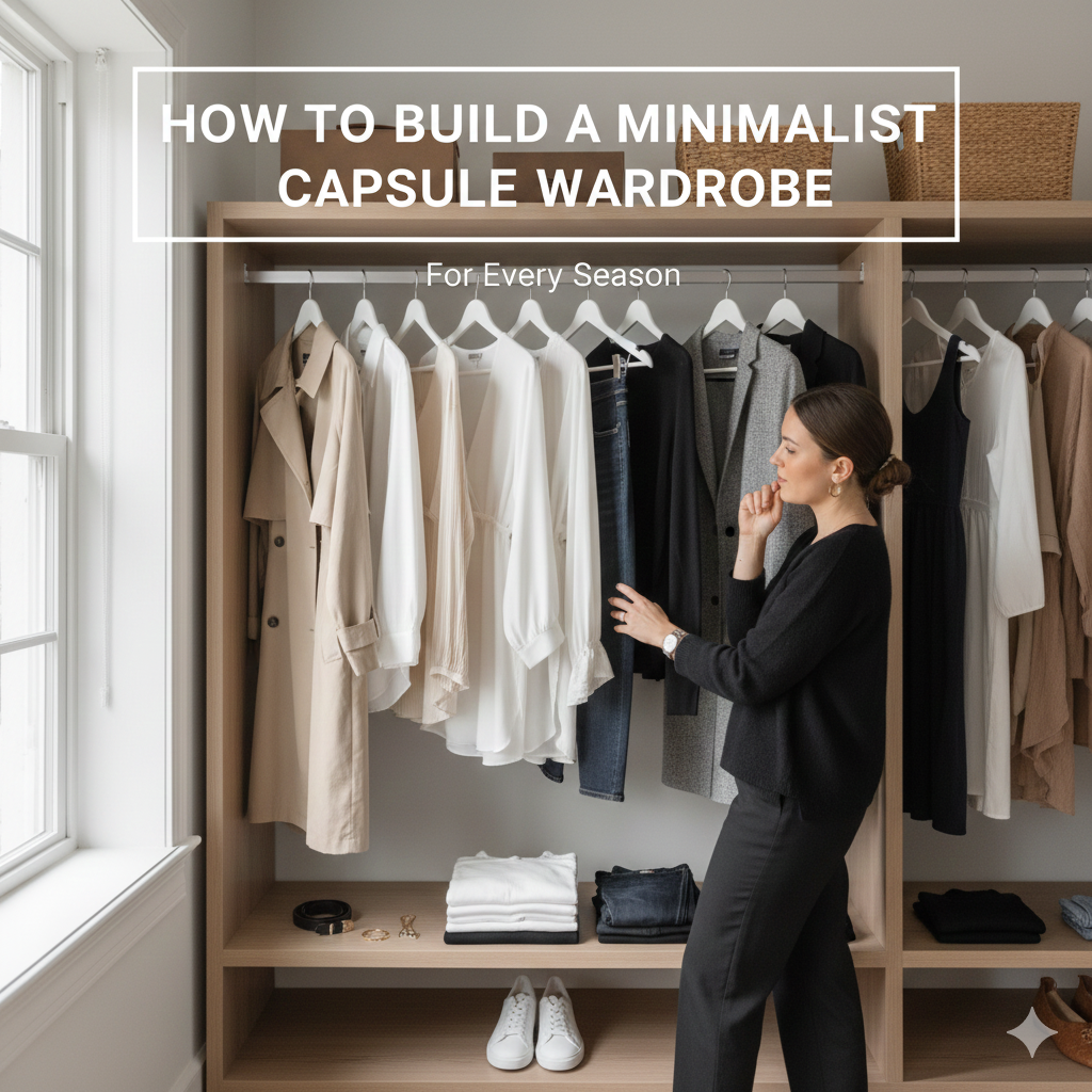 Minimalist capsule wardrobe with neutral clothing essentials organized for every season.
