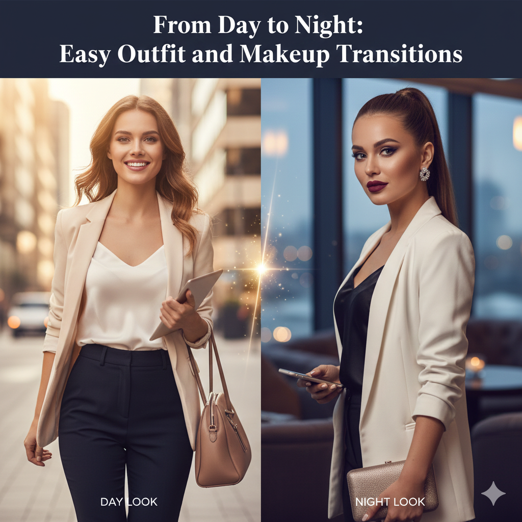 Day to night outfit and makeup transition for women