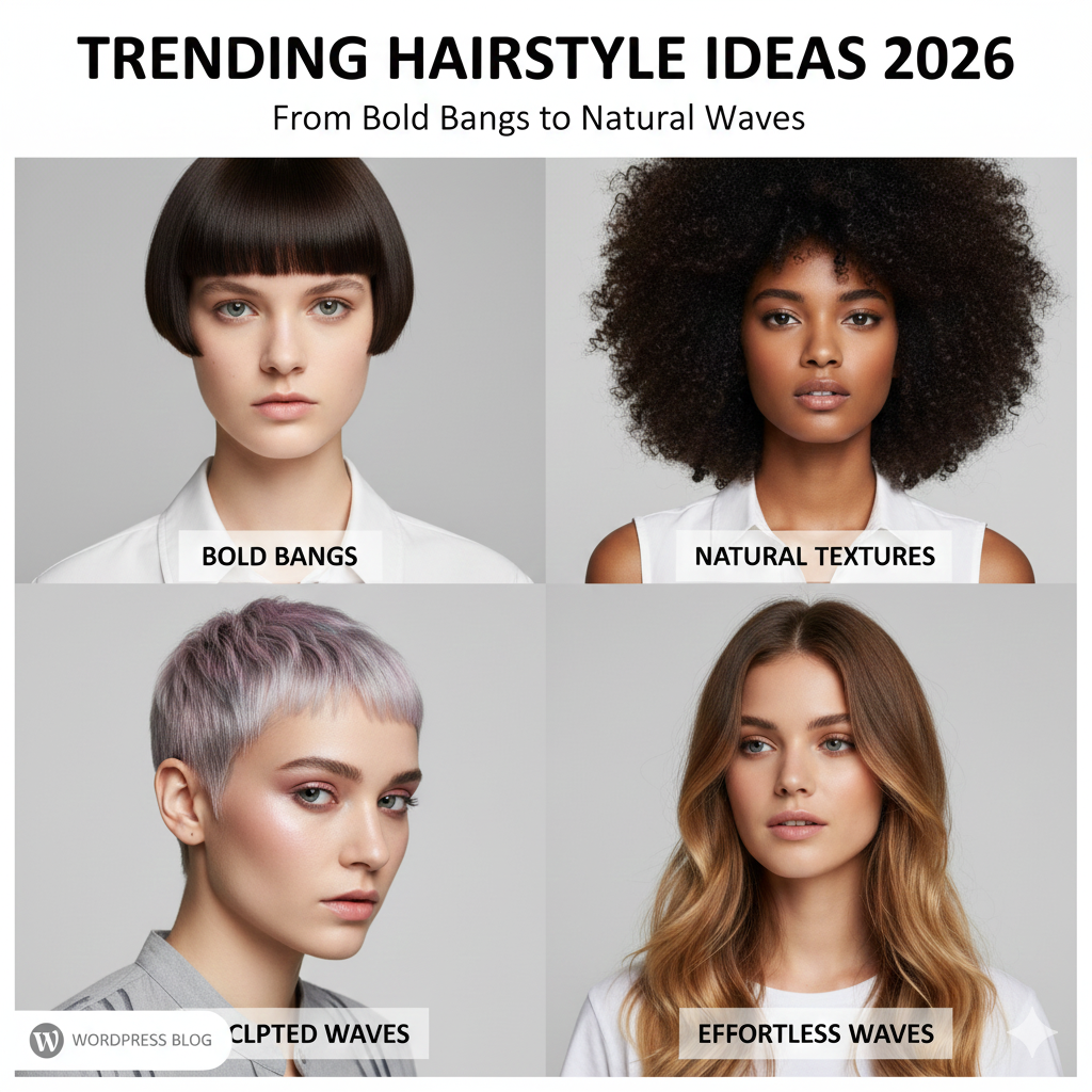 Woman with natural waves and bold bangs showing 2026 trending hairstyles.