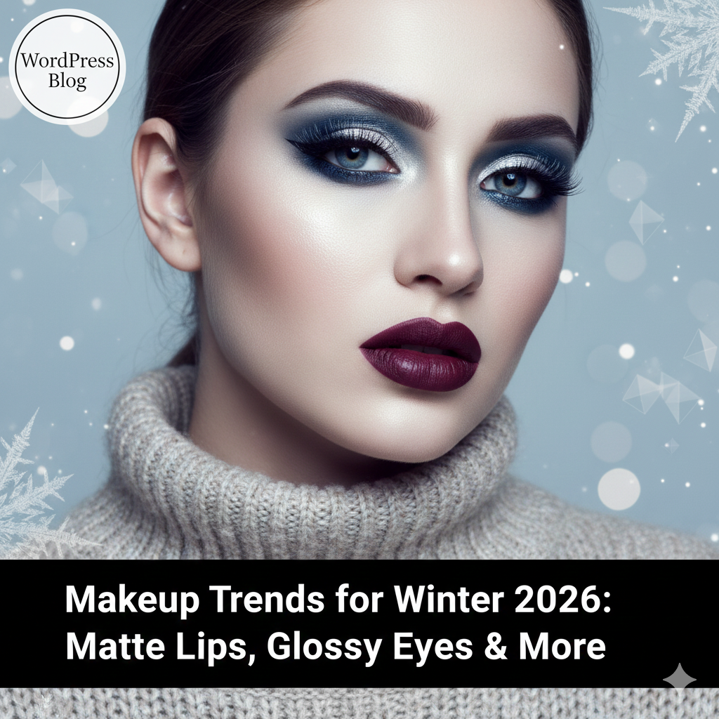 Model wearing Winter 2026 makeup trends with matte lips and glossy eyes.