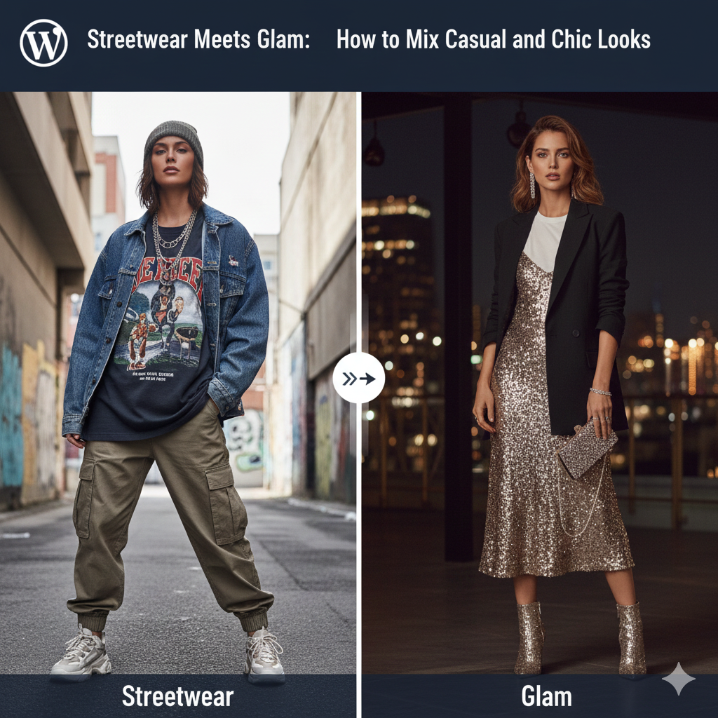 Fashion model wearing a blend of streetwear and glam style with oversized casual pieces and chic metallic accessories.