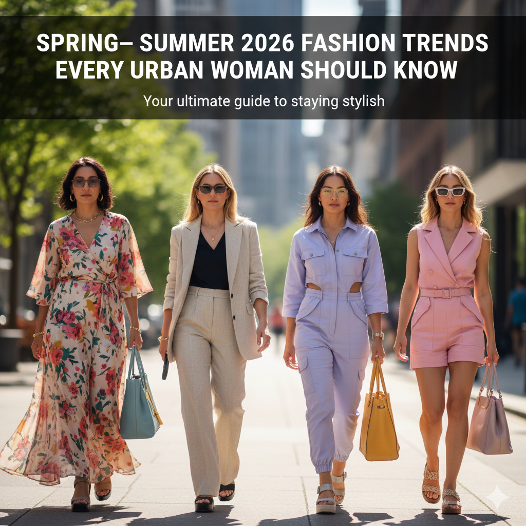 Spring–Summer 2026 fashion trends for urban women featuring bold colors and relaxed tailoring